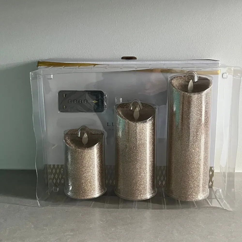Luminara Set of 3 Champagne Glitter Pillars w/Remote NEW